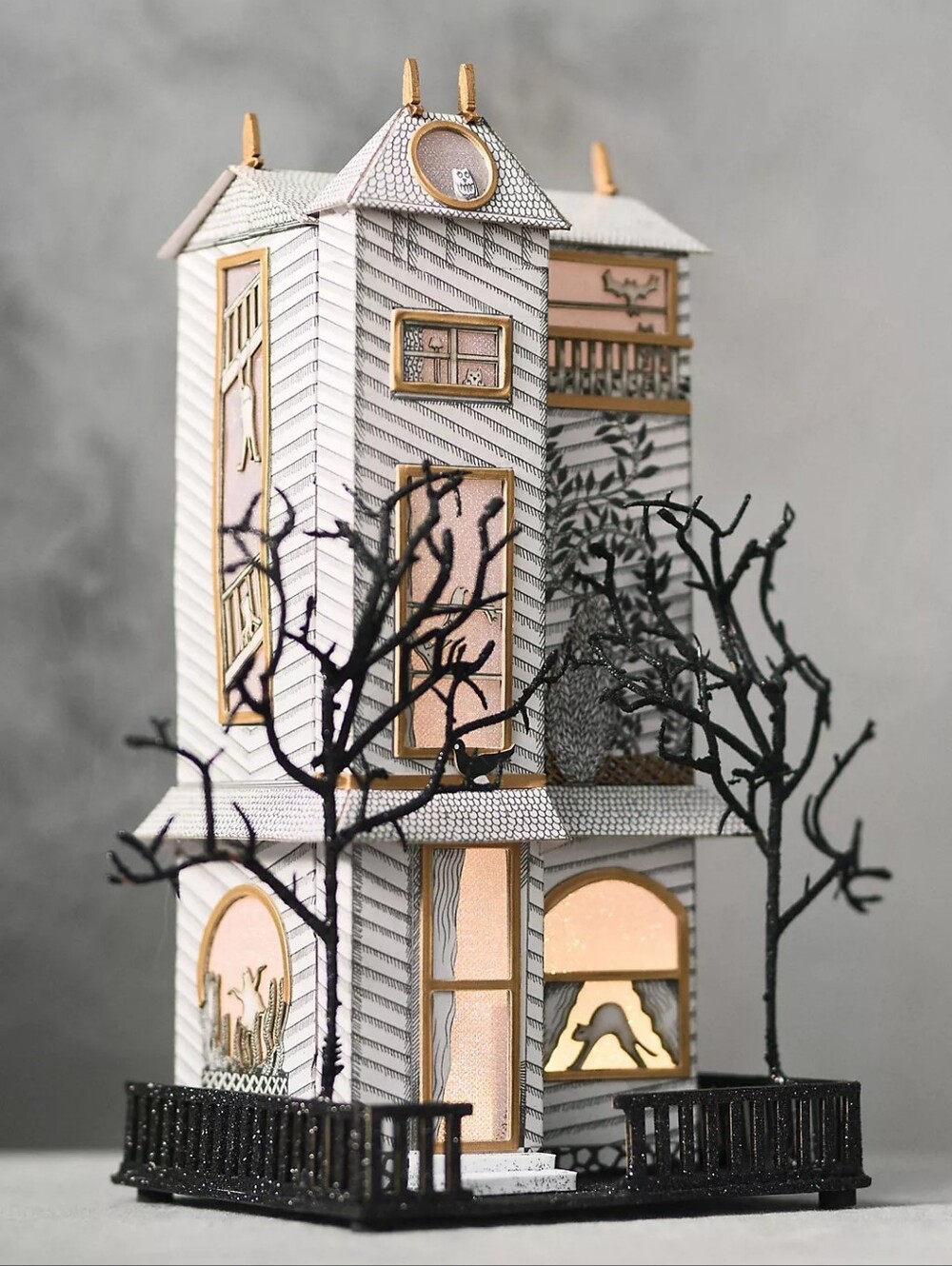 Anthropologie Florence Balducci Black Cat Light-Up Paper House Halloween